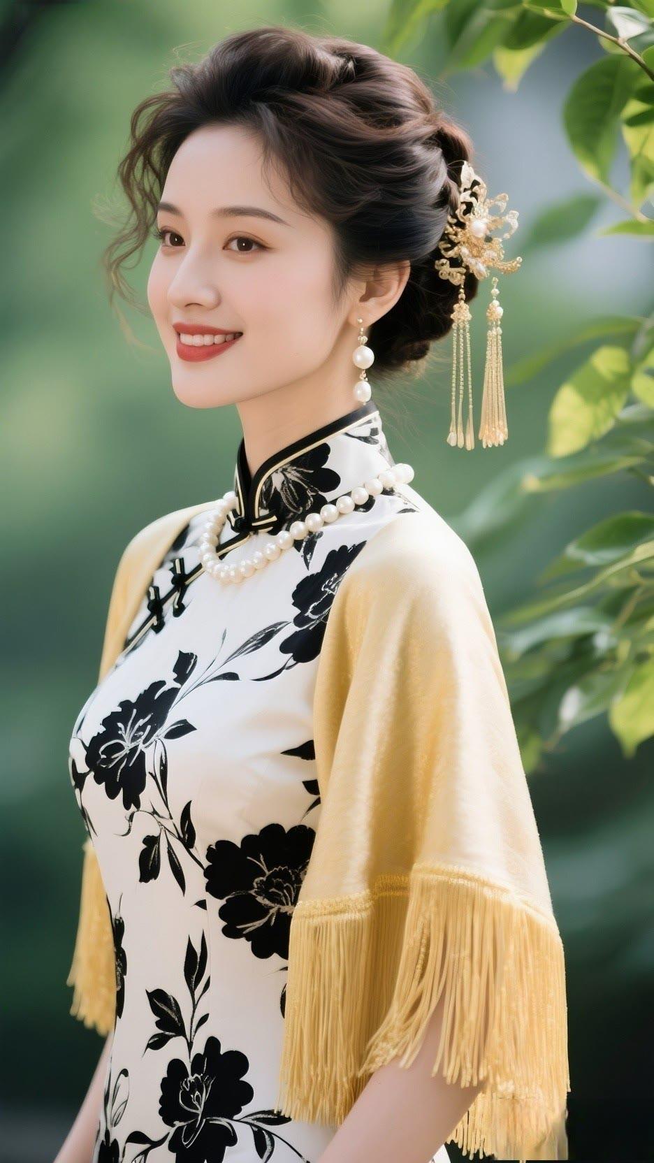 古典优雅，黑金花旗袍，韵味十足！