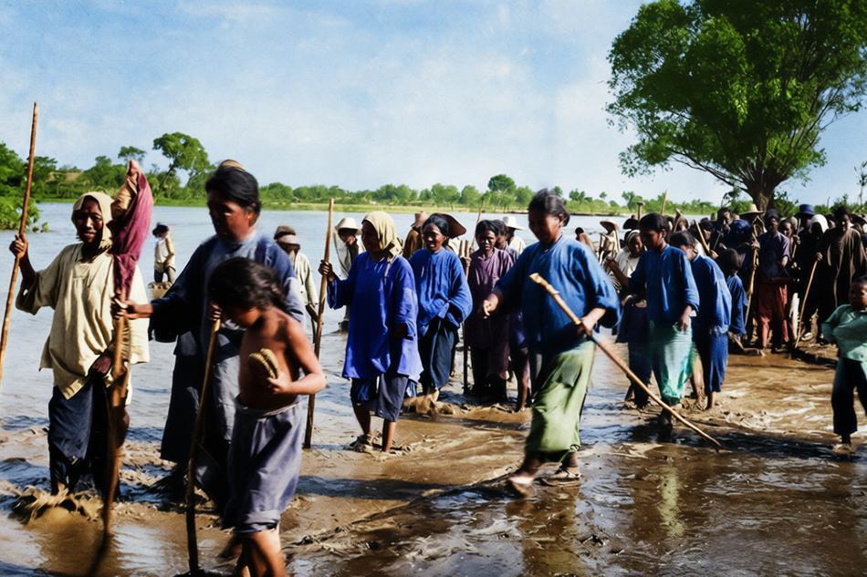 这两帧影像定格了1938年黄泛区难民的流亡之路。当年6月，国民政府炸开黄河花园口