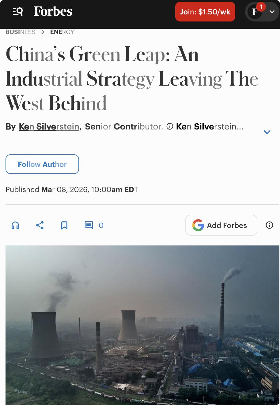 美媒：中国正通过产业战略主导全球清洁能源领域，其投资规模接近美国和欧盟总和。