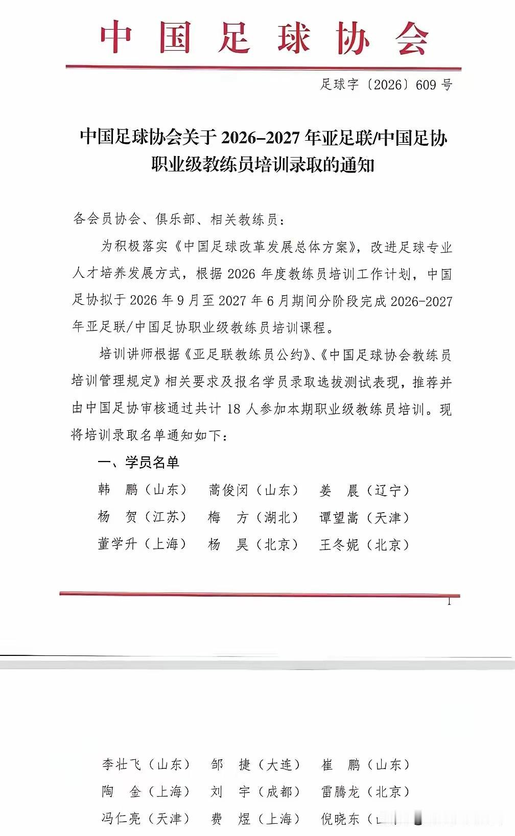 今天看到足协发布的中国教练参加亚洲足球执教证书培训的通知，里面有山东球迷们熟悉的