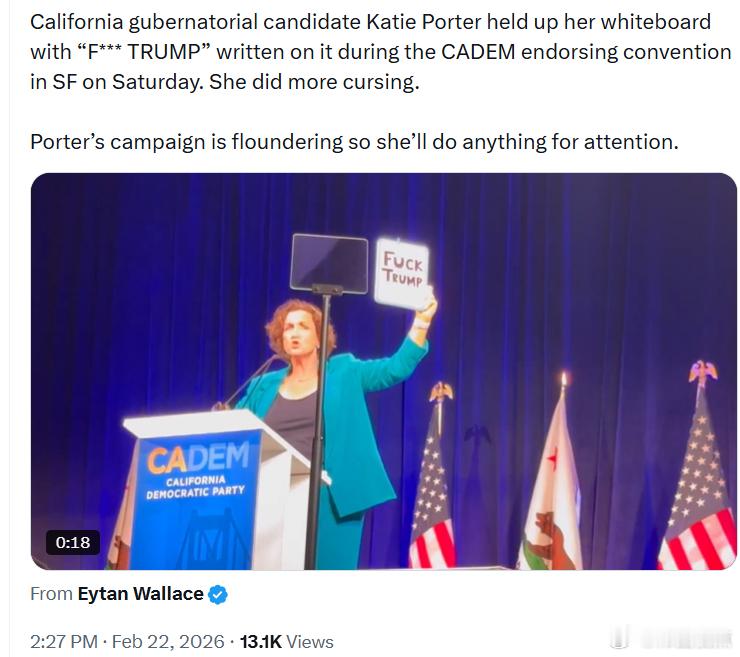加州州长候选人凯蒂·波特在周六于旧金山举行的加州民左党背书大会上举起了写着“F*