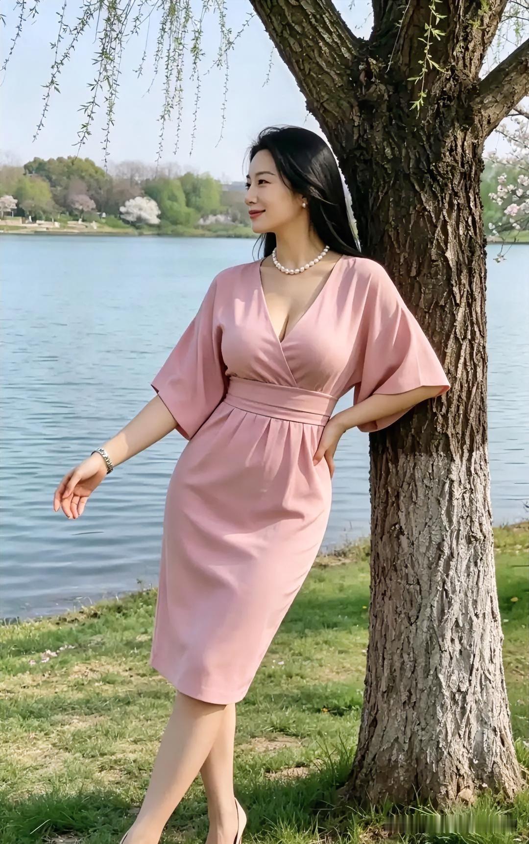 粉裙倚柳赏湖光，温婉从容，于自然间绽放优雅柔美。