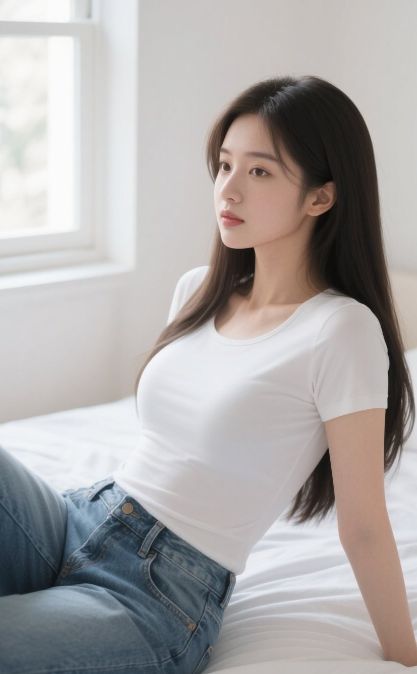 纯真少女浅笑盈盈，牛仔裤穿出青春气息