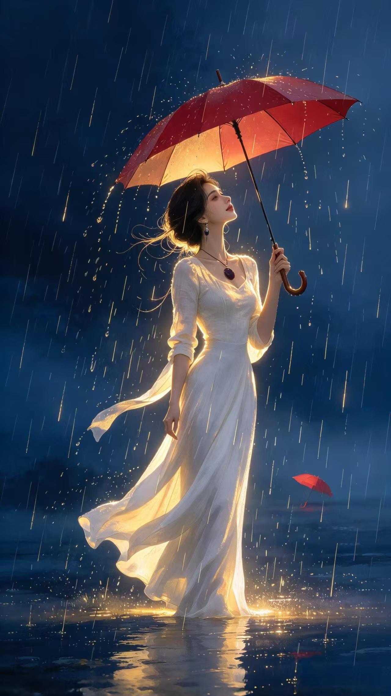 七律·雨中红伞佳人寒空垂雨落漫漫，一把红伞映玉颜。素袂临风浮碎影，清辉照