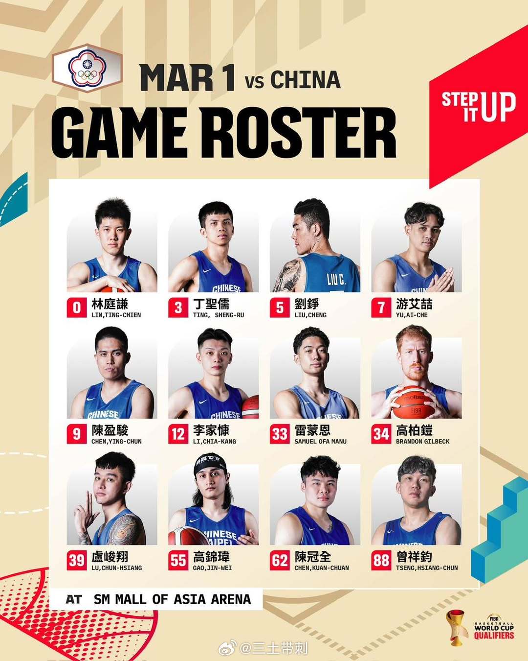 中国男篮vs中国台北男篮中国台北男篮官方公布12人名单，马健豪受伤，游艾喆替换