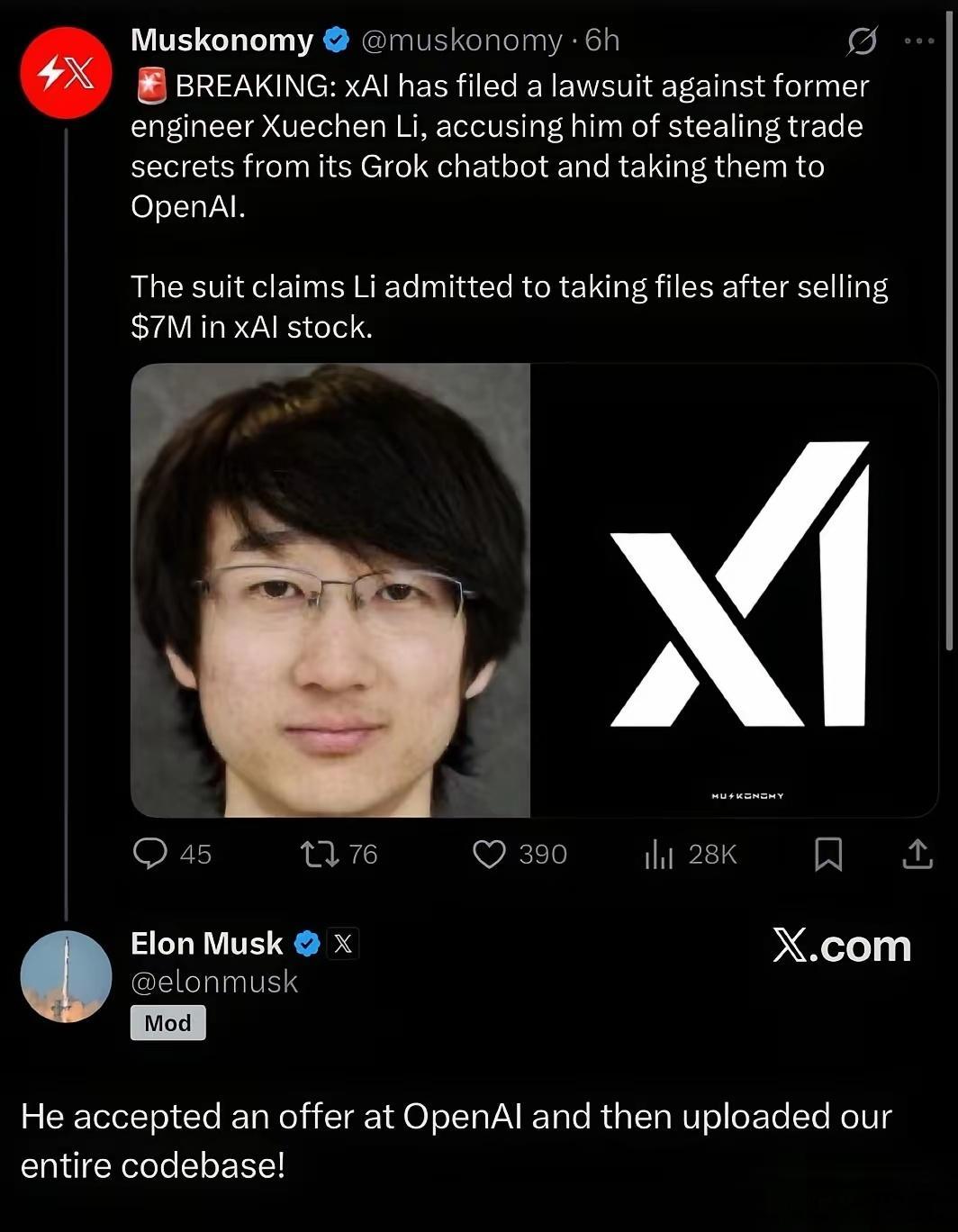 马斯克最近说他旗下xAI公司的一个华人工程师离职后加入了OpenAI。程序员小