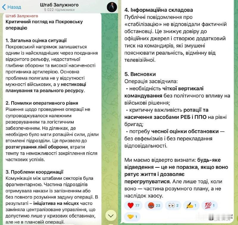 【撤退并非失败：扎卢日内批评乌军波克罗夫斯克防御行动】▪️这位前乌军总司