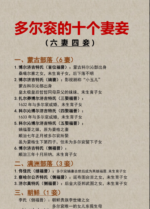 多尔衮的十个妻妾这么多妻妾都不生养，有的嫁给豪格时能生孩子，嫁给多尔衮却不生孩