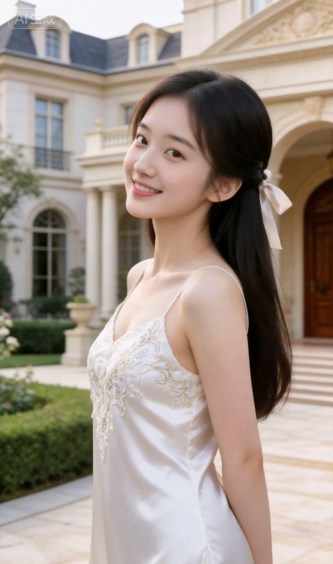 优雅少女在古典建筑前，微笑如花