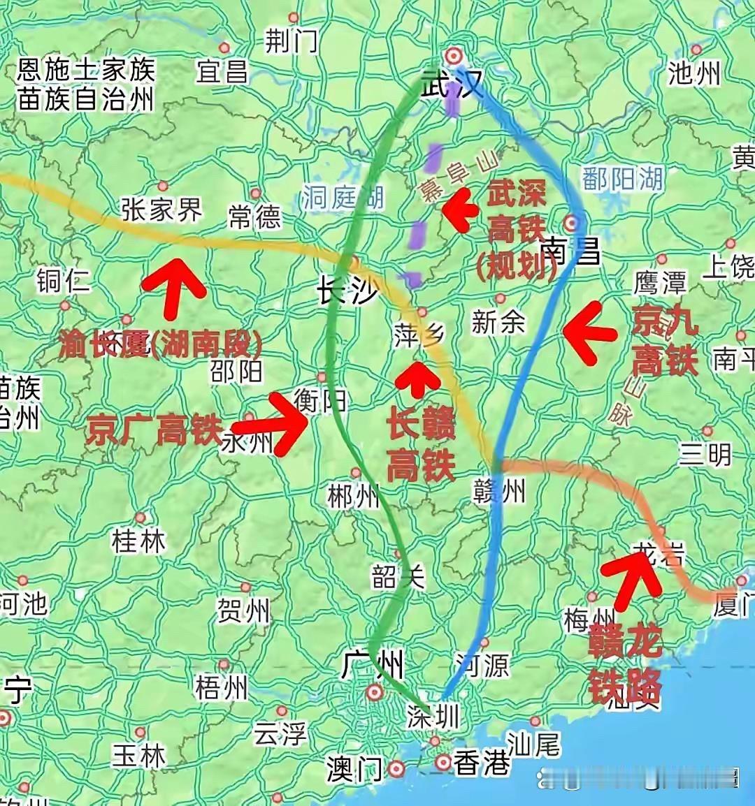 武深高铁新通道，紫色虚线暗藏玄机！武汉、咸宁、浏阳、萍乡，一路南下接长赣，直抵赣