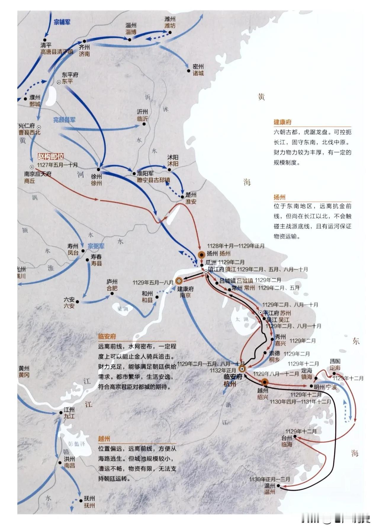 一图看懂宋高宗赵构建炎南渡及建都选择过程，1127年，金军攻陷北宋都城开封，俘虏