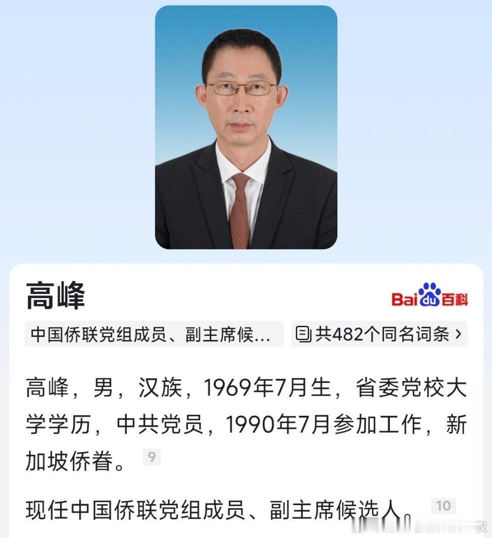 高峰已任中国侨联党组成员、副主席候选人。​​​