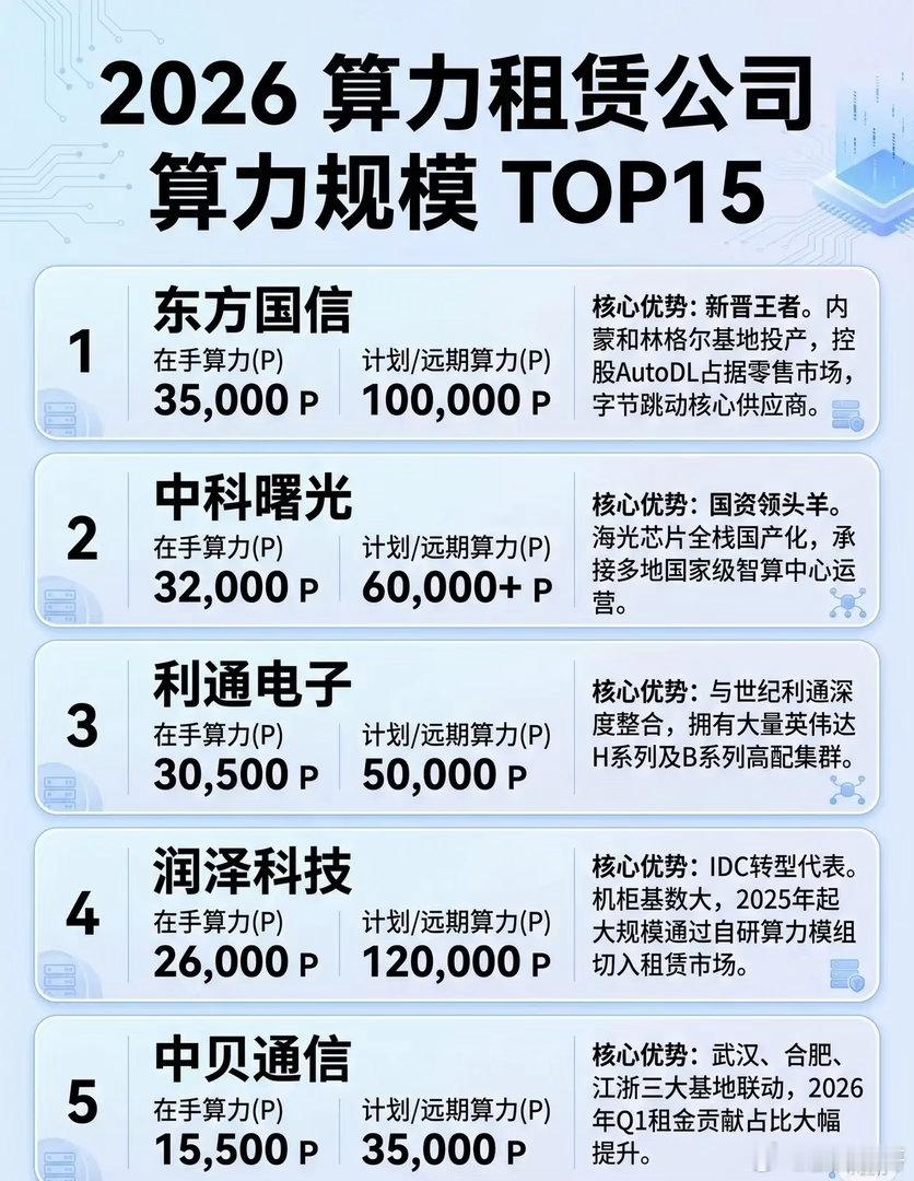 2026算力租赁公司算力规模TOP15榜单TOP1：东方国信*算力规模：在手