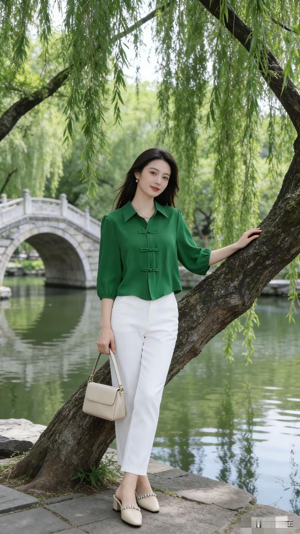 清新绿意中，优雅白裤与绿衫相映成趣，桥下静谧，心旷神怡。