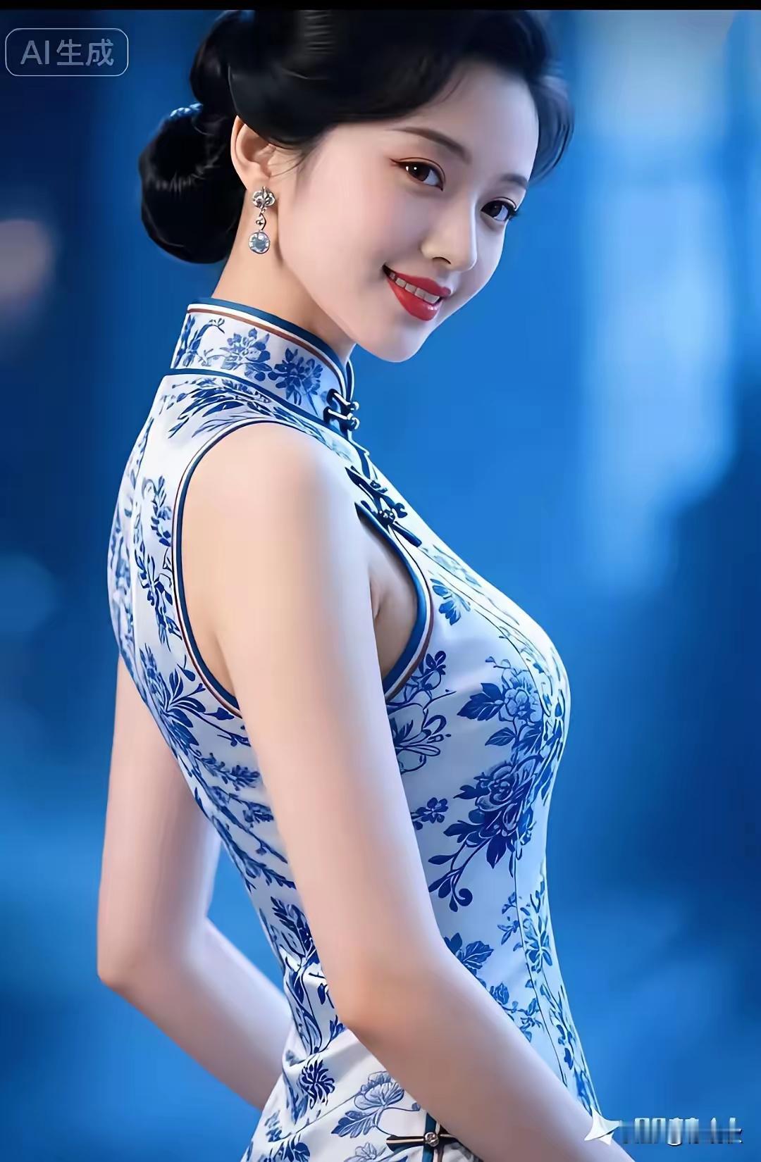 东方美人，蓝白旗袍，优雅动人