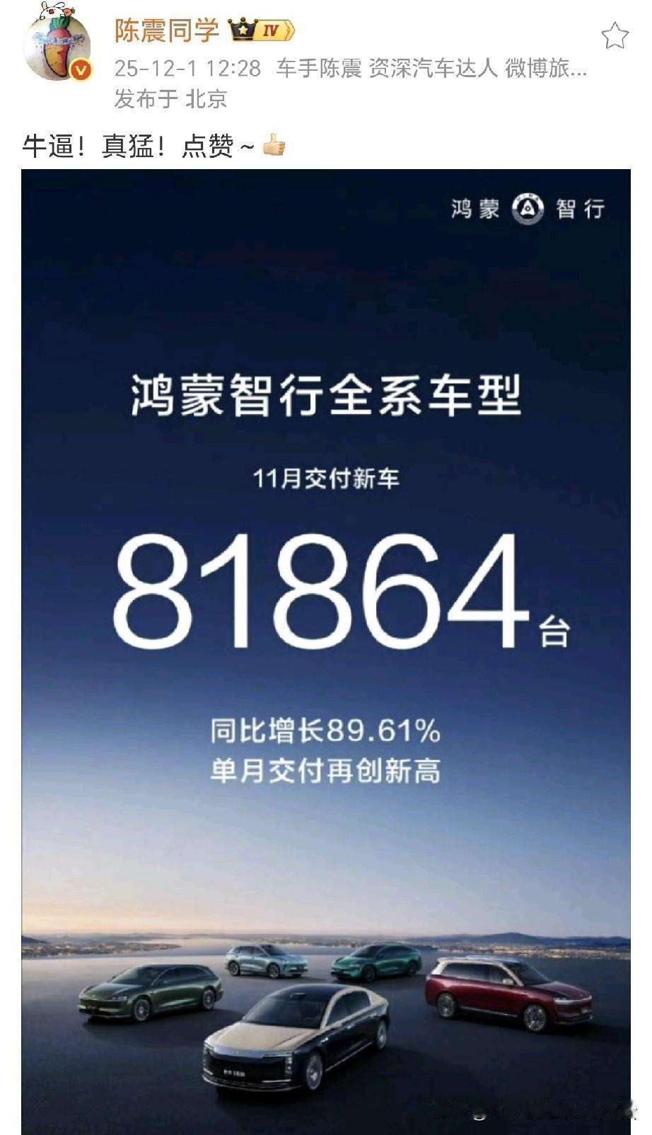 陈震破防了：牛逼！真猛！点赞～[赞]​​​自从鸿蒙智行五界齐聚后，就像五根