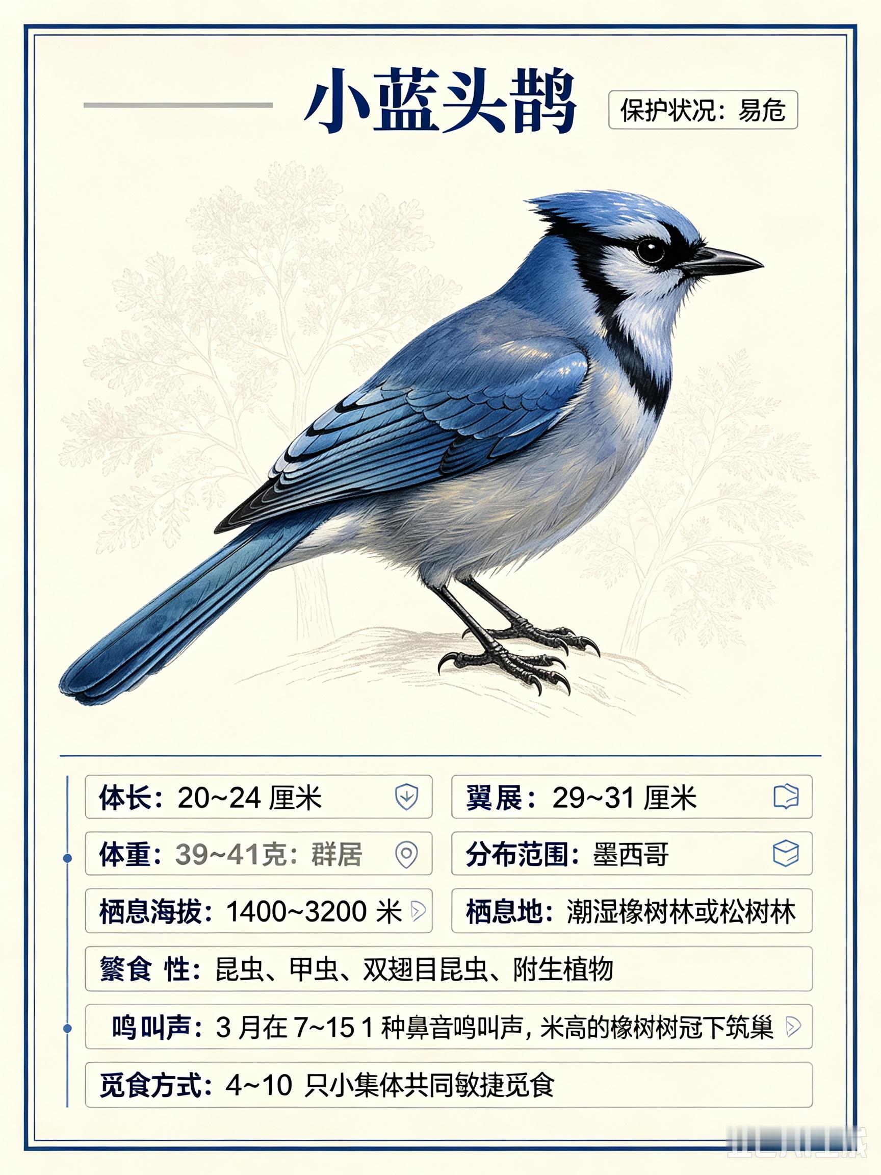 鸟类朋友图鉴小蓝头鹊体长：20~24厘米翼展：29~31厘米体重：39~4