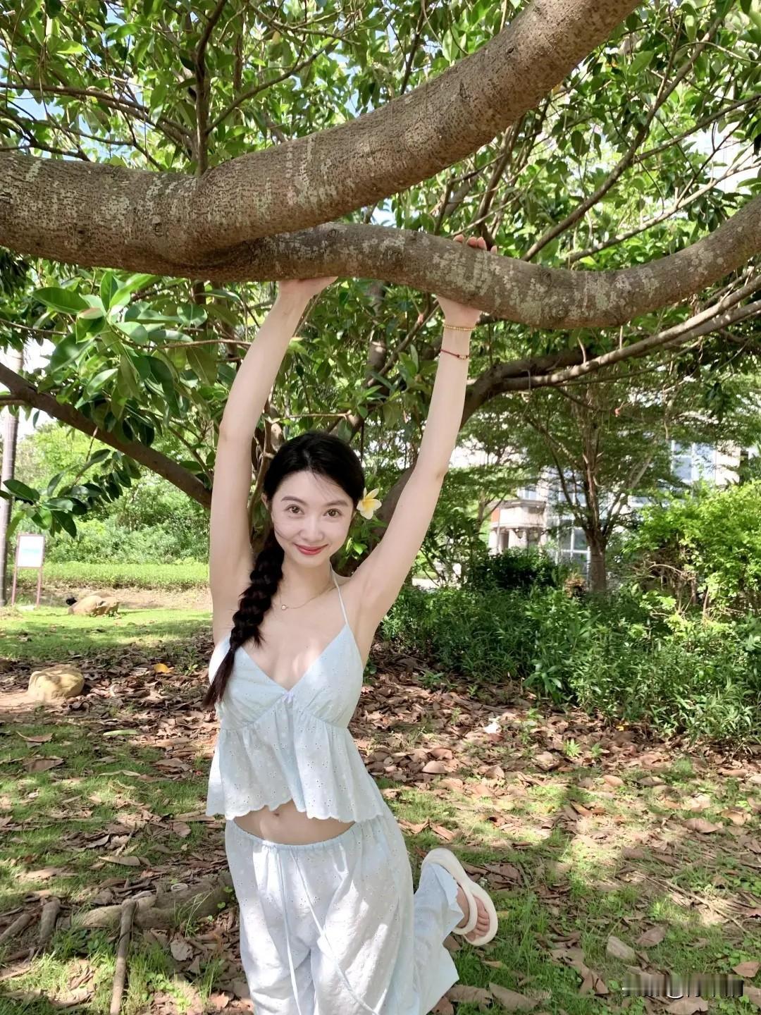 枝桠横空揽翠光，佳人含笑倚苍桑。素衣轻飏风微漾，单辫垂丝蕊暗香。皓腕高擎