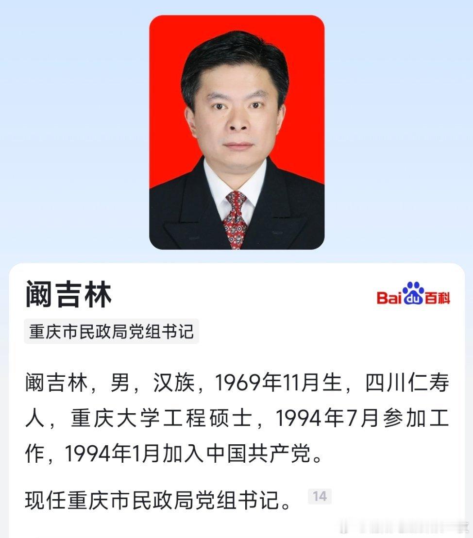 阚吉林已任重庆市民政局党组书记。​​​