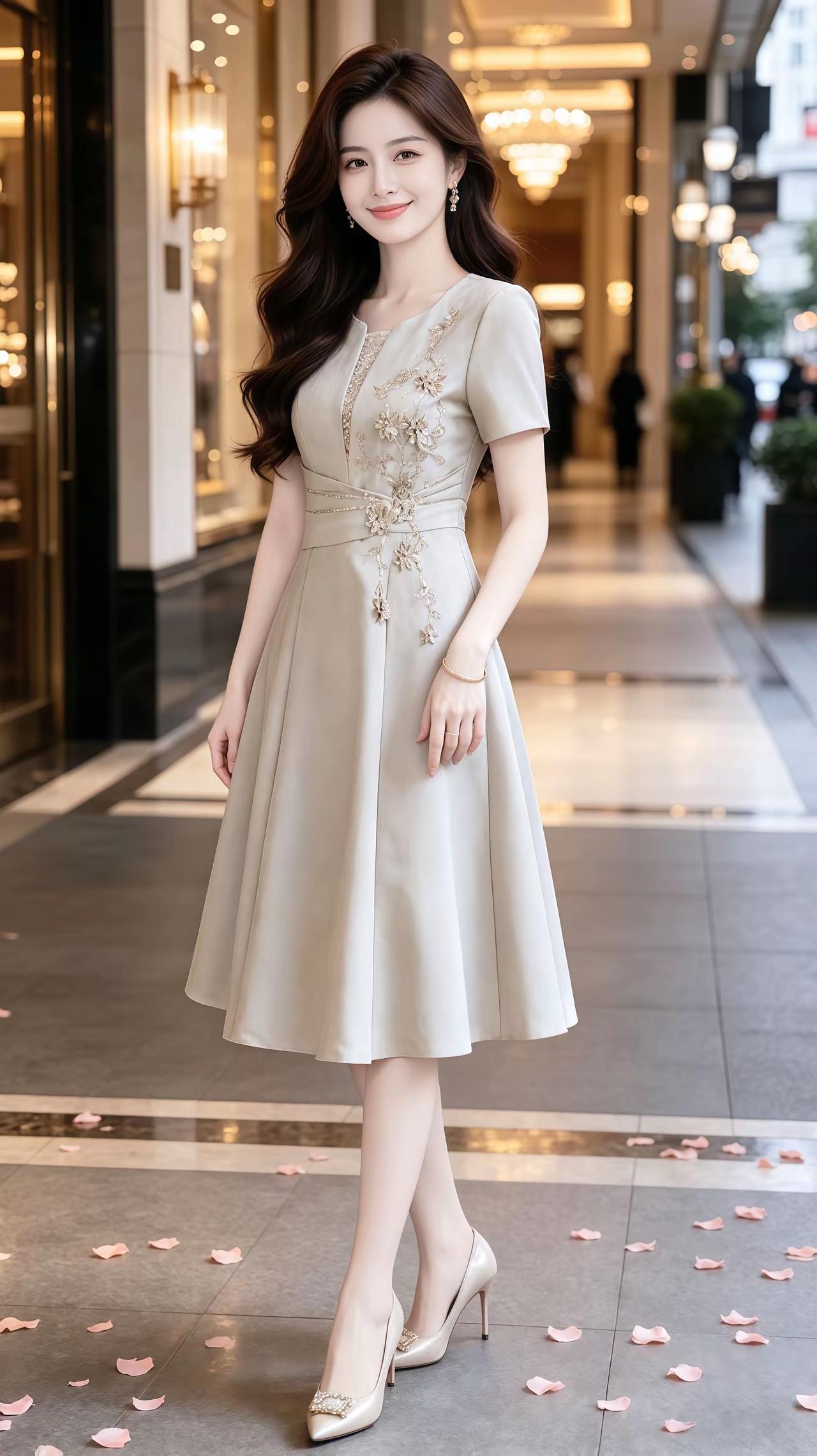 优雅气质，浅米色连衣裙，精致刺绣，高跟鞋，都市时尚。