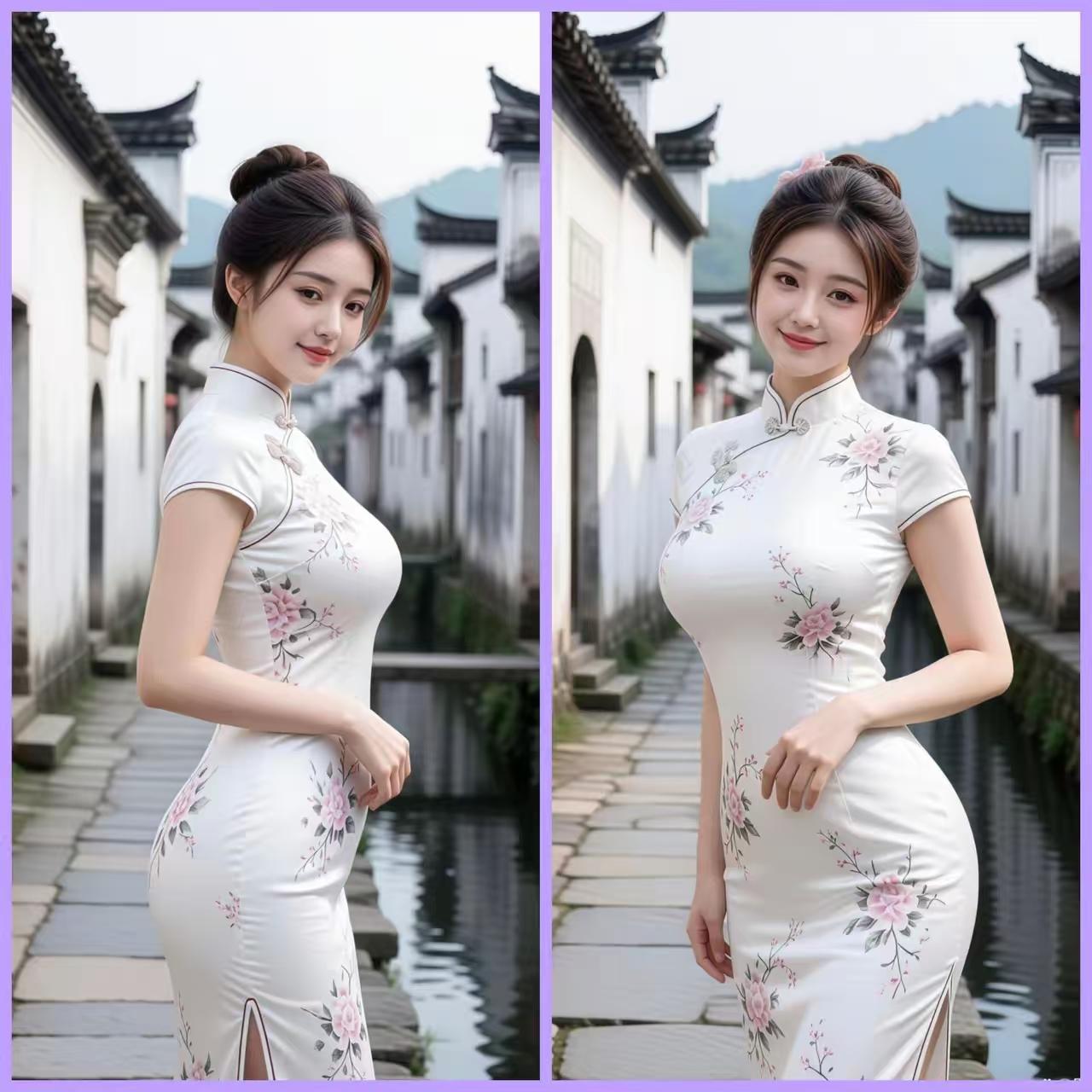 天净沙·古村佳人粉墙黛瓦村家，清溪映尽芳华，旗袍娉婷胜雅。风姿如画，佳