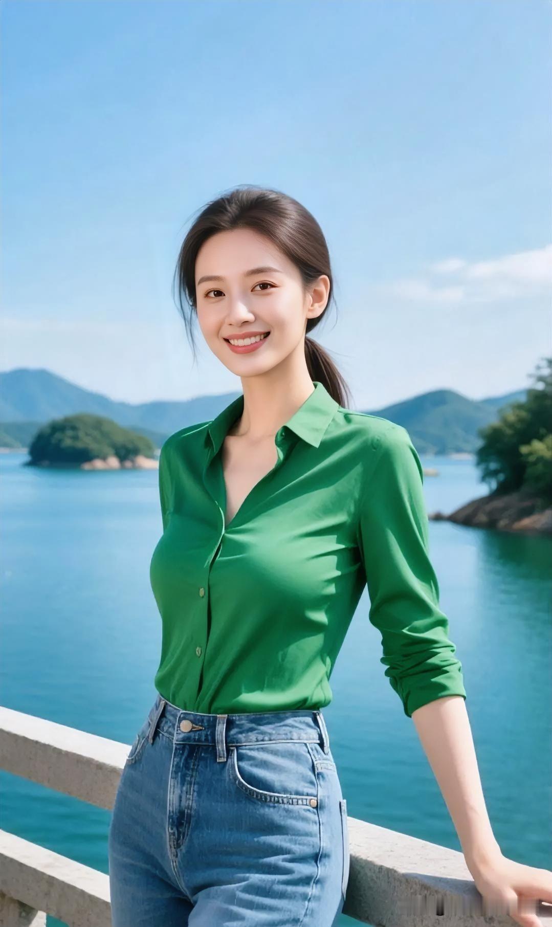 澄澈湖光映碧空，她倚栏杆而立，绿衫似新叶，笑靥如暖阳。山水间，一身清朗，将自然的