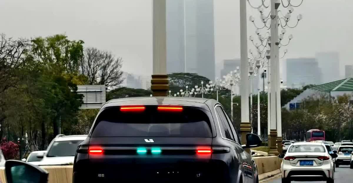 在高速公路上开车，看到前面一辆开着蓝灯的理想汽车，说明在智驾中，我本人好奇智驾到