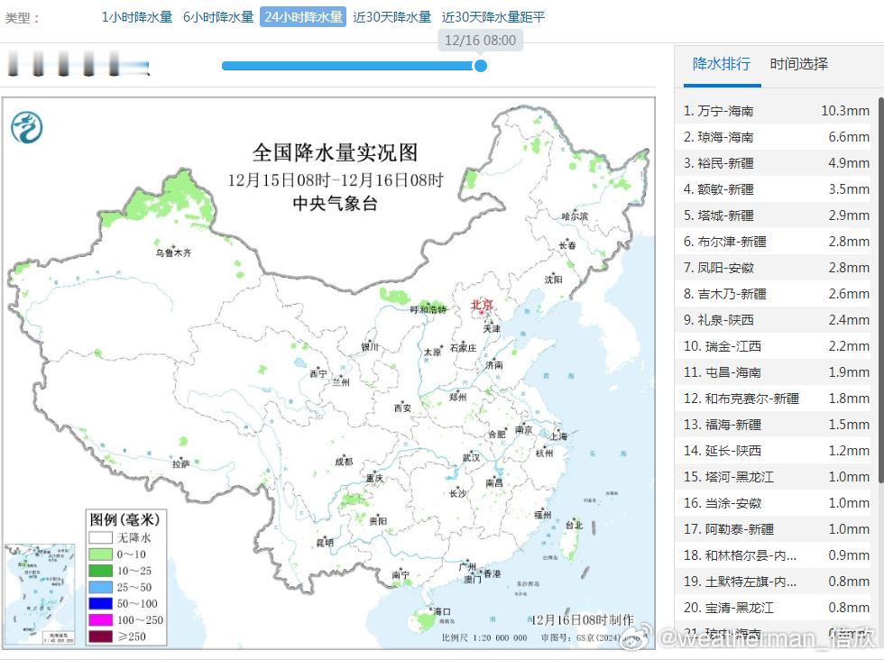 【降水】昨天到今晨，我国降水稀少。目前新疆、内蒙古、黑龙江积雪依然不少。今后的降