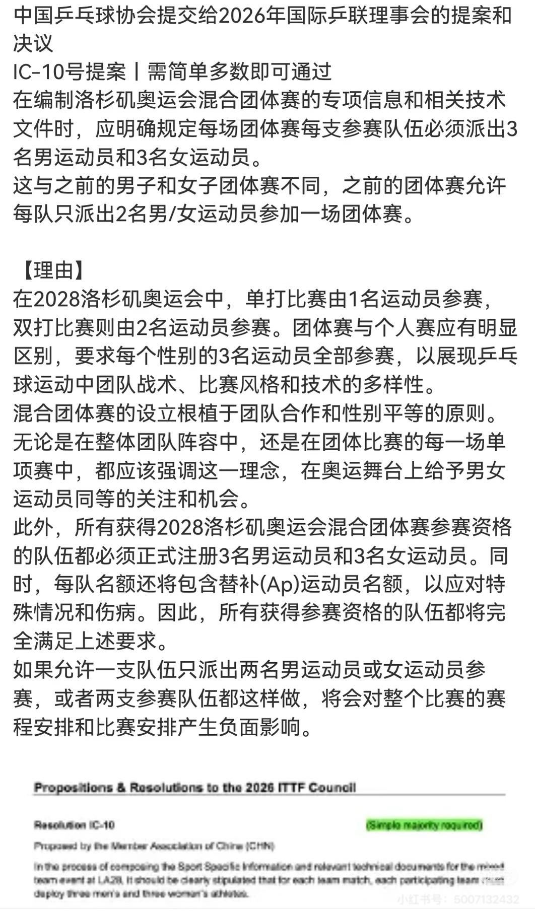 中国乒协提交2026国际乒联理事会提案决议—上场运动员必须三男三女这样规定的
