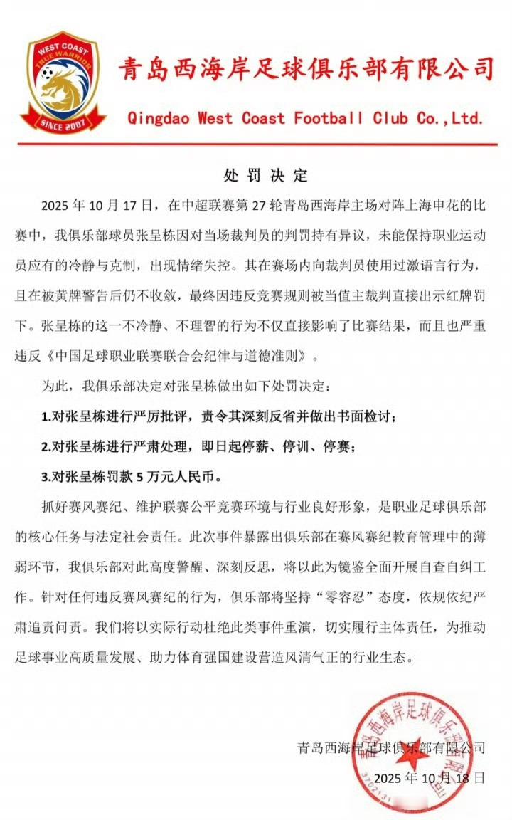张呈栋被三停张呈栋红牌​​​本来呢，追着裁判骂被追加停赛就不会低于3场，实际上