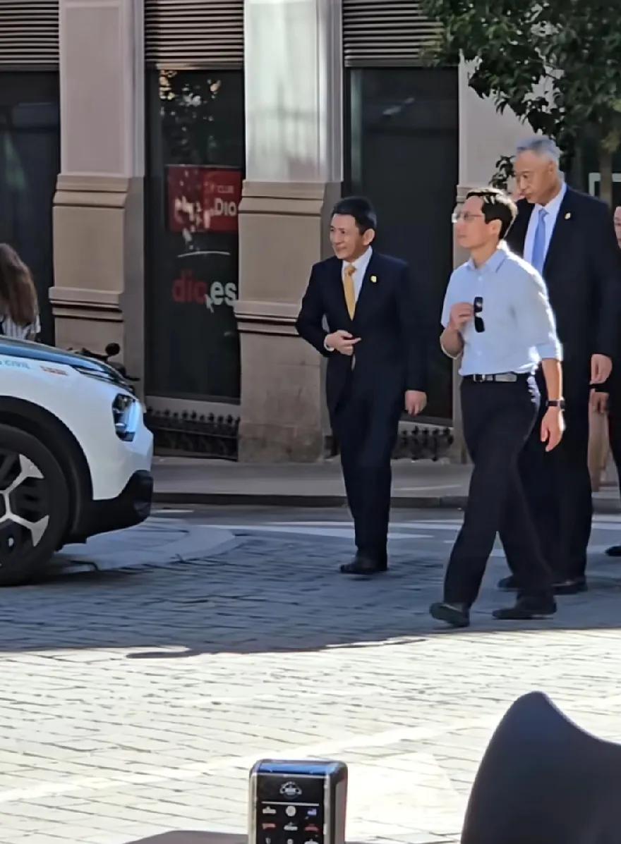 西班牙华人网友，在马德里街头，拍到中方代表团进入会场，李团长真儒雅帅气，一条橘黄