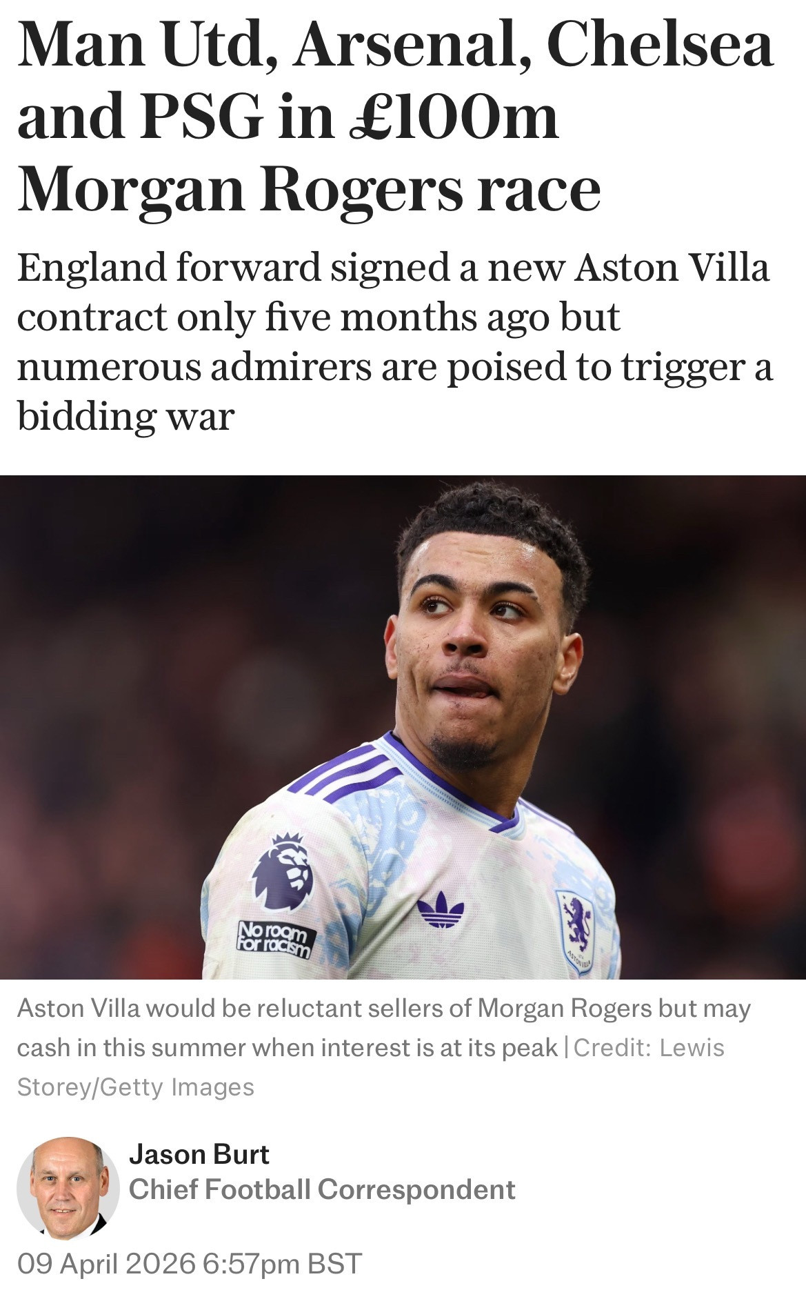 电讯报首席JasonBurt：曼联、阿森纳、切尔西和巴黎圣日耳曼加入摩根·罗杰