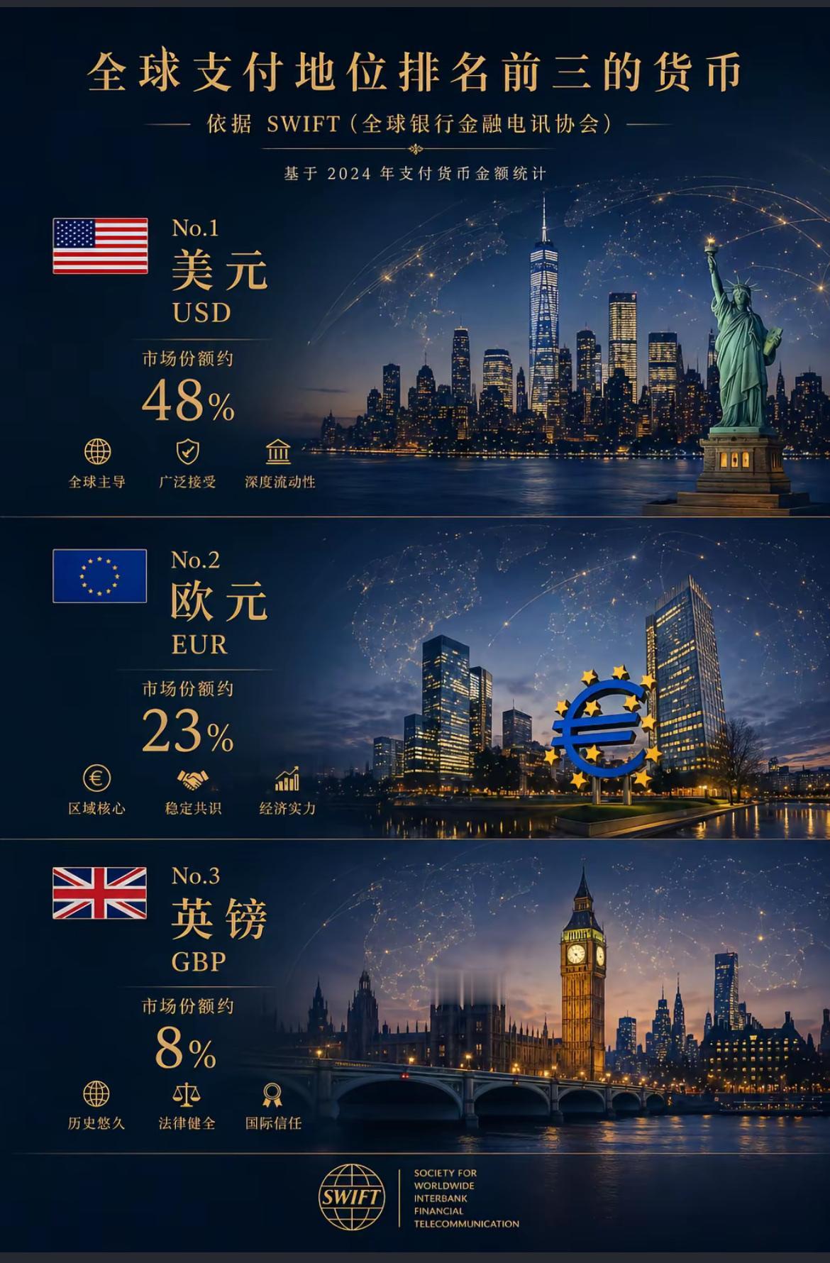 全球支付地位排名前三的货币第一名美元，全球市场份额达到了48%，与黄金挂钩，俗