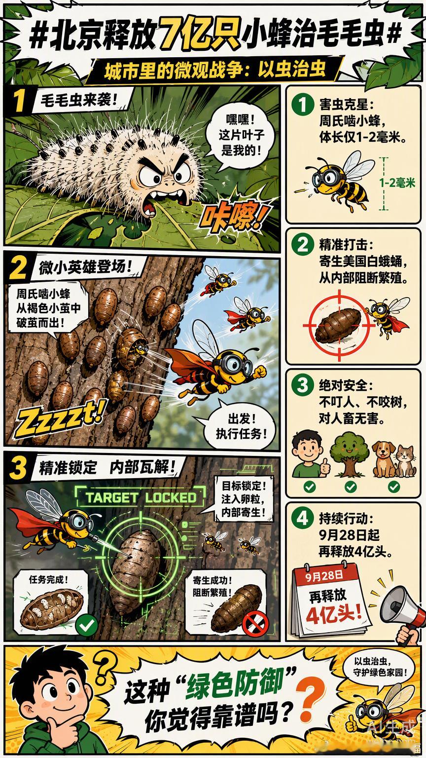 北京街头最近有点“毛毛虫危机”，但园林部门没直接上农药，而是空投了7亿只周氏啮小
