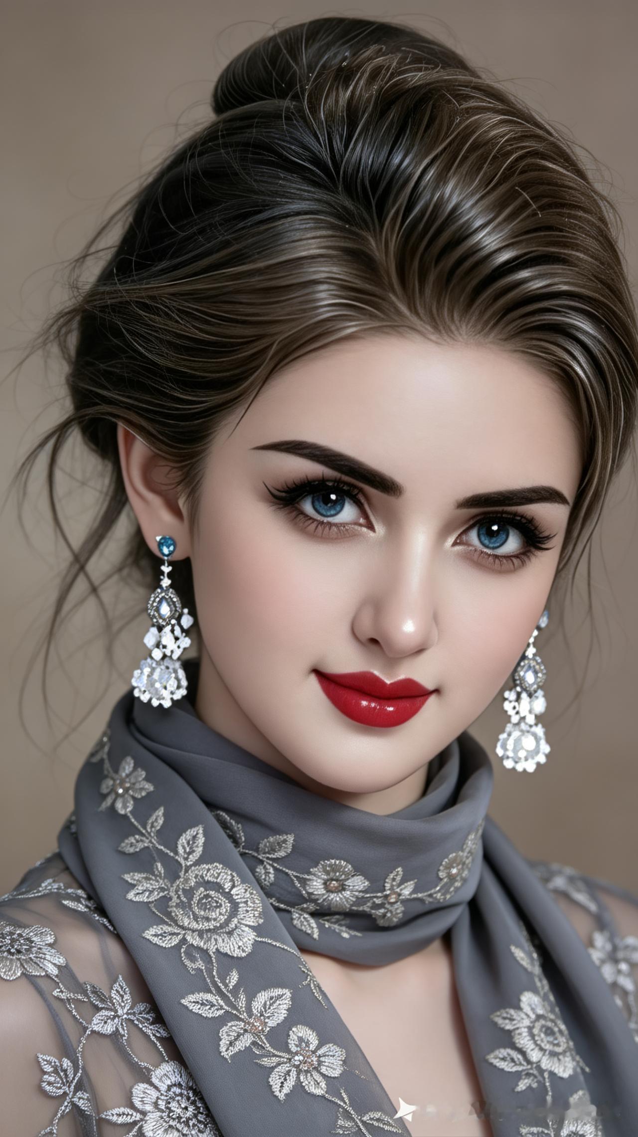 盘发微乱的混血绝色佳人浓妆雅致，灰绣花纱衣配同色系绣花丝巾，明眸纤睫、肤白细腻，