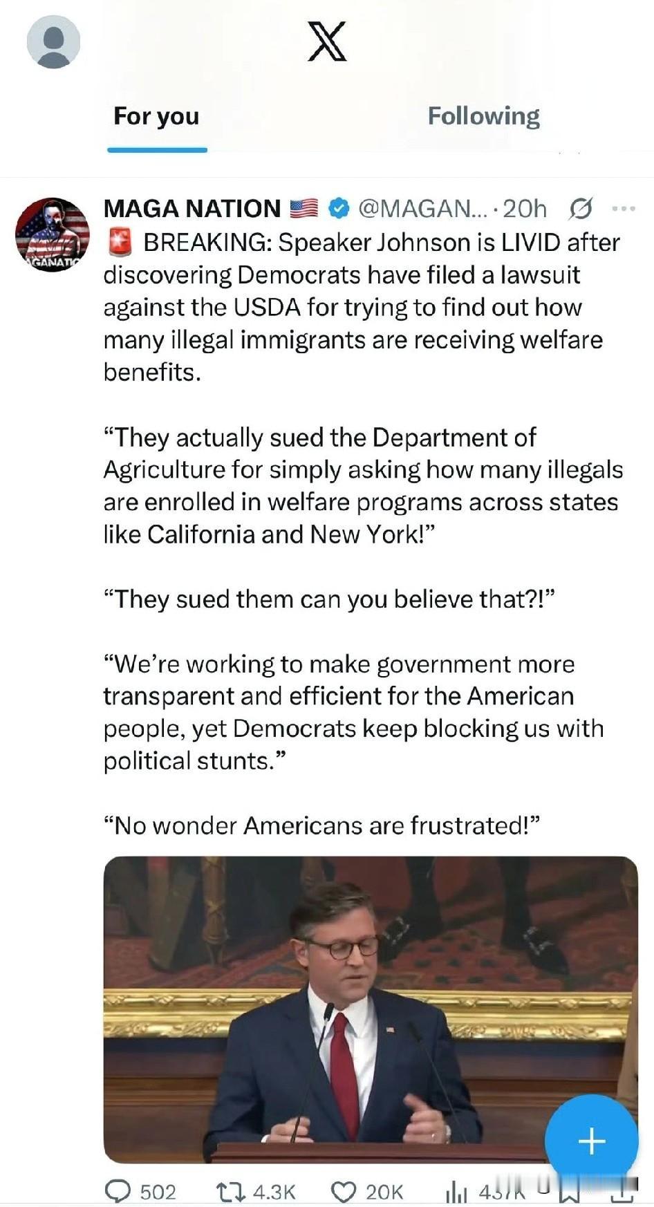 突发消息：众议院议长约翰逊在发现民主党因美国农业部试图查明有多少非法移民在领取福