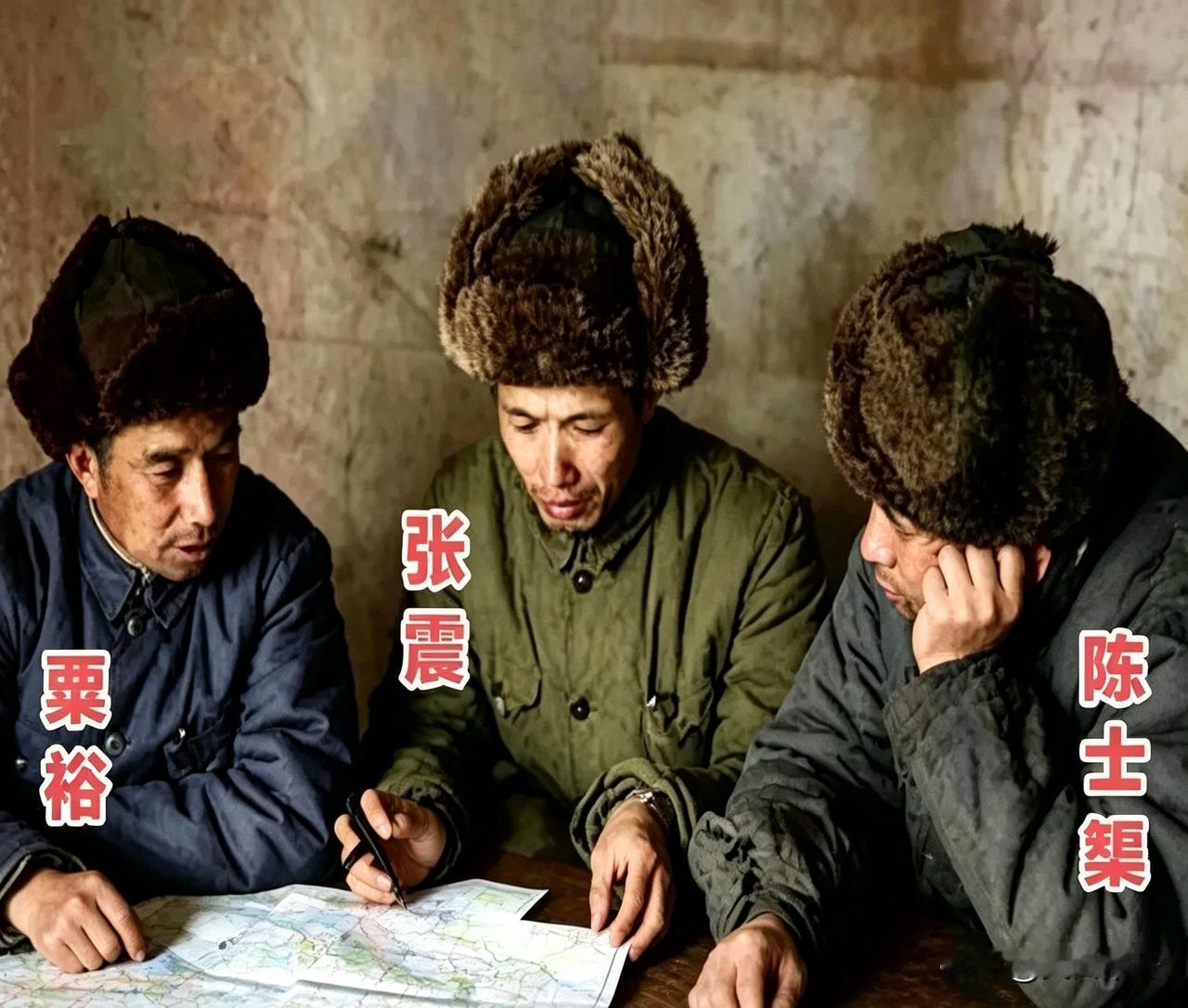 解放战争那会儿，粟裕、张震和陈士榘三位将军，正凑在指挥部里看地图。你瞧这屋子，条