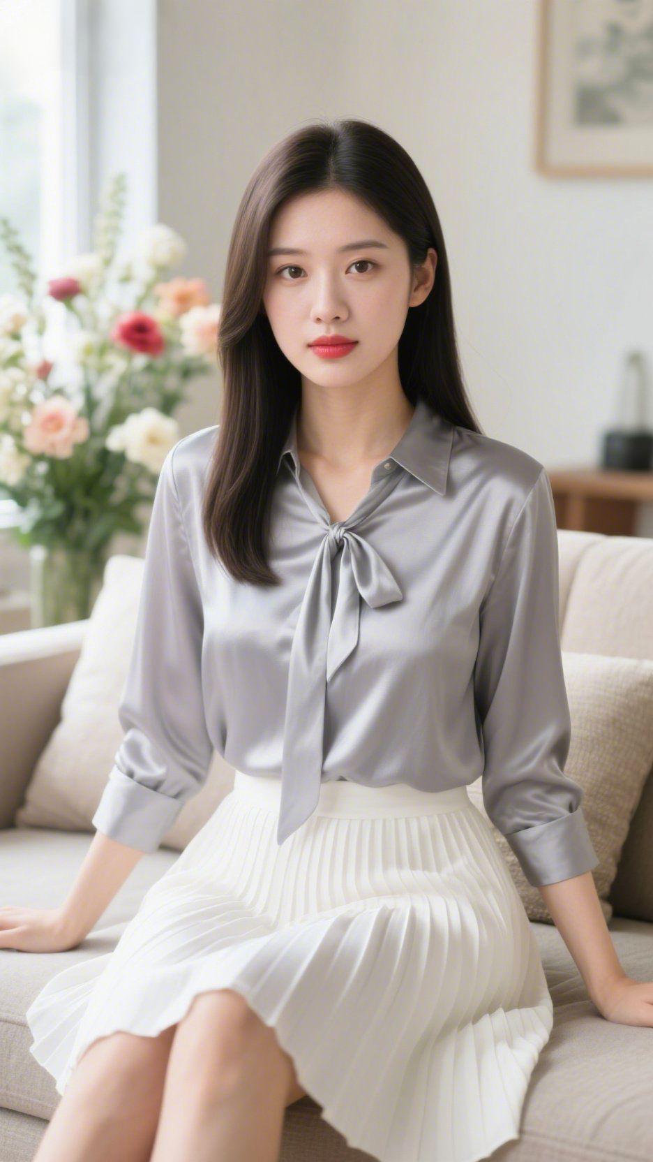 室间里的浅灰温柔暖光裹着室间的静，她坐在沙发上，浅灰衬衫缀着轻软的结，同白