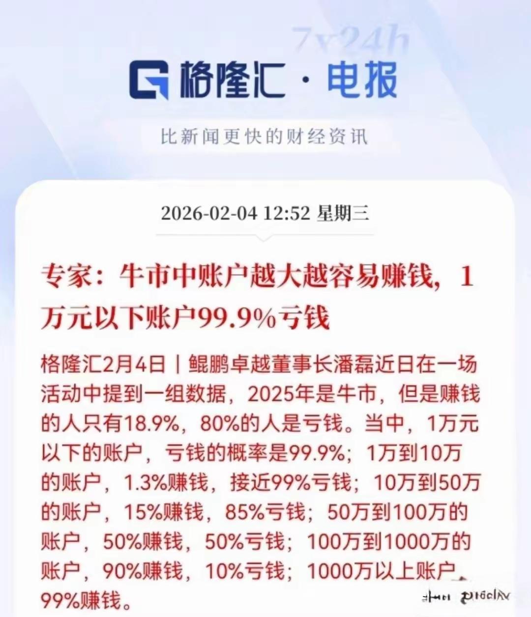 专家说，牛市中账户越大越容易赚钱，一万元以下得账户99%都是亏钱！这个不难理解