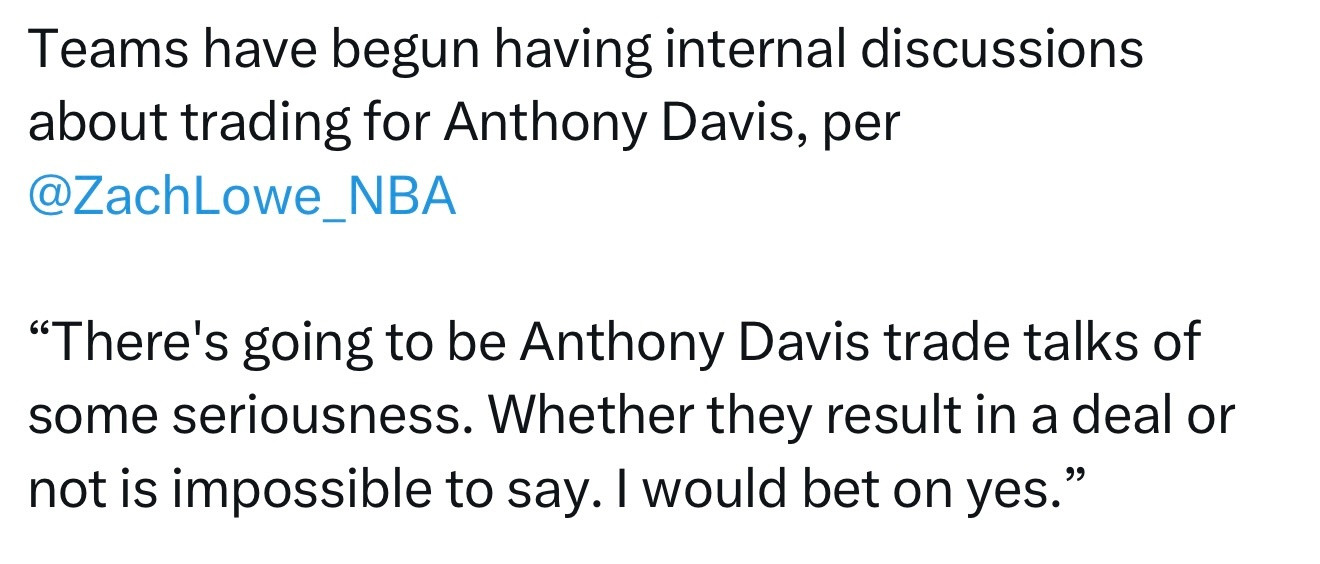 据ZachLowe报道，多支球队已开始内部讨论关于浓眉的交易方案。“接下来将会