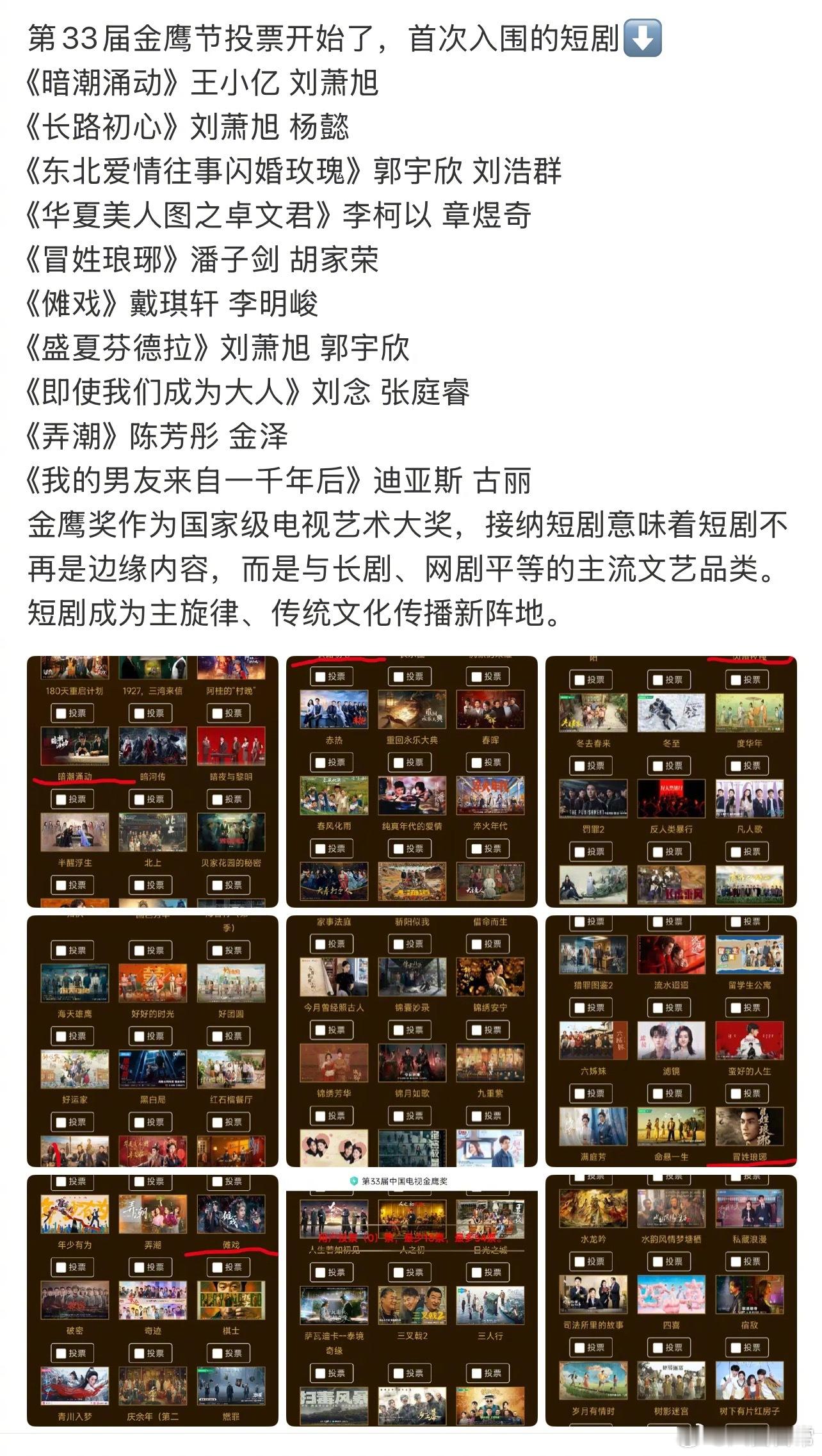 短剧上桌了，第33届金鹰节投票入围的短剧🈶《暗潮涌动》王小亿、刘萧旭《长路初心