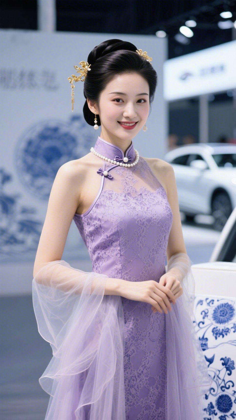 紫韵旗袍绽风华一袭淡紫蕾丝旗袍，像把紫藤花的柔韵织进了衣料，珍珠颈链轻绕颈