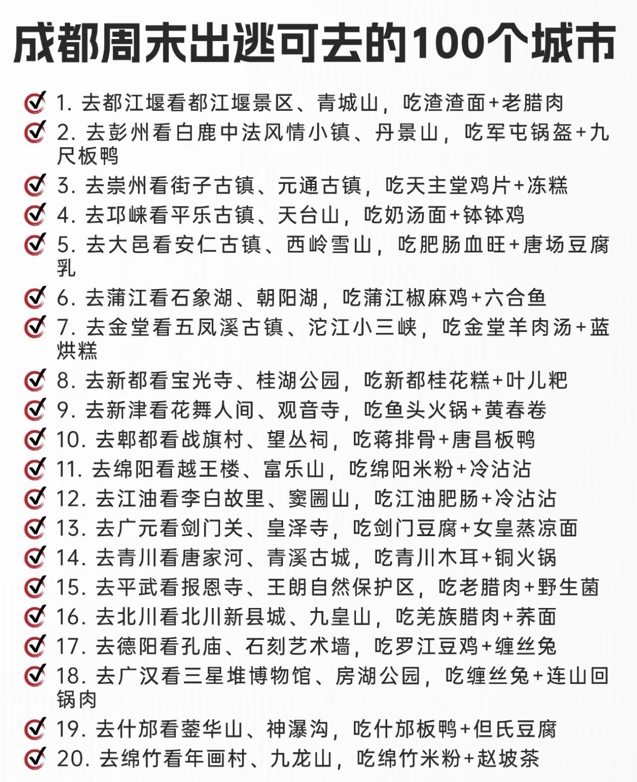 成都周末出逃可去的100个城市，您去过几个了？