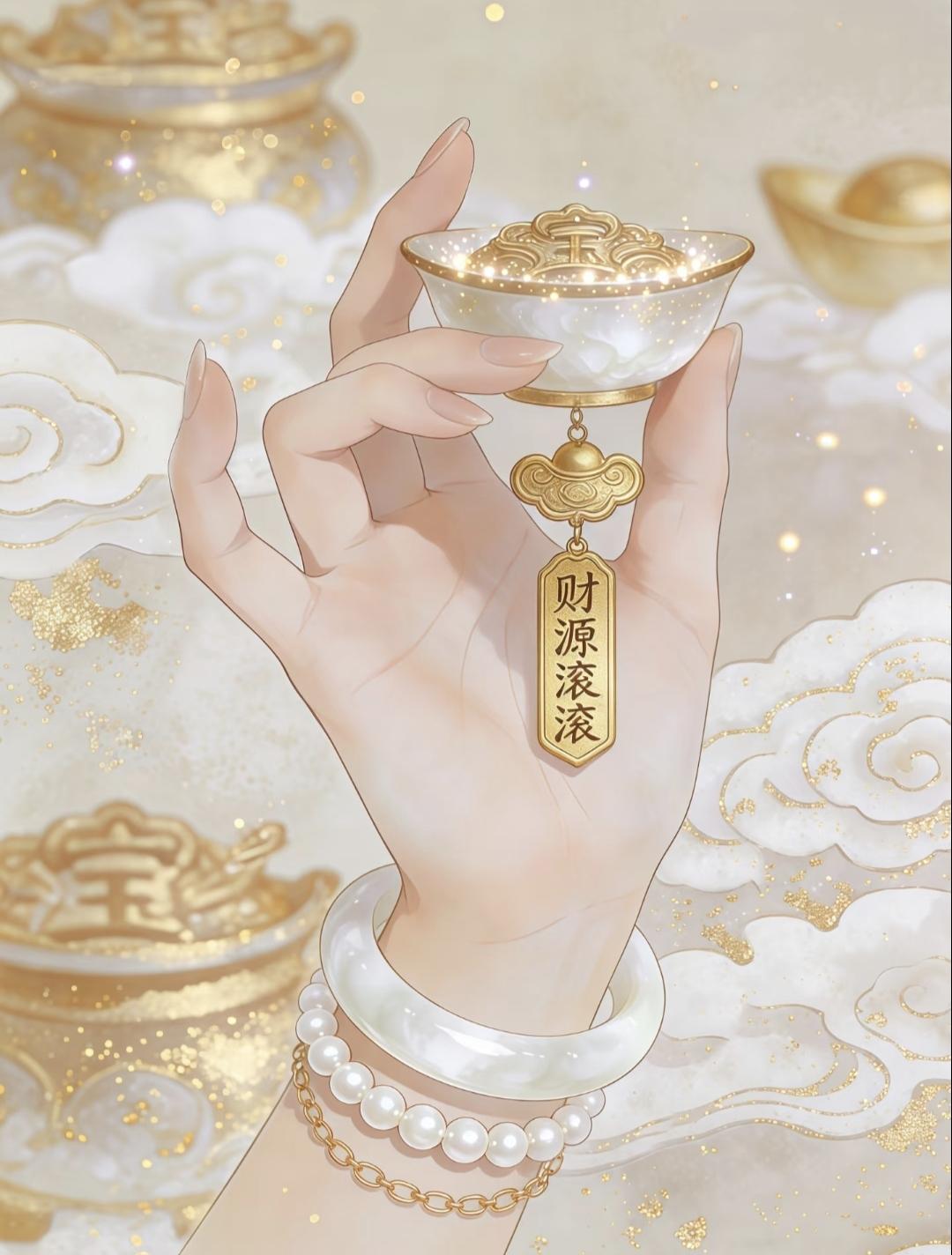 手握金碗，财运亨通；富贵吉祥，福满门庭。‌