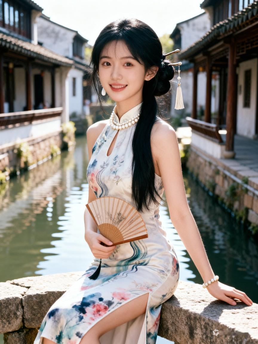 江南水乡的温婉少女，手持折扇，笑靥如花。