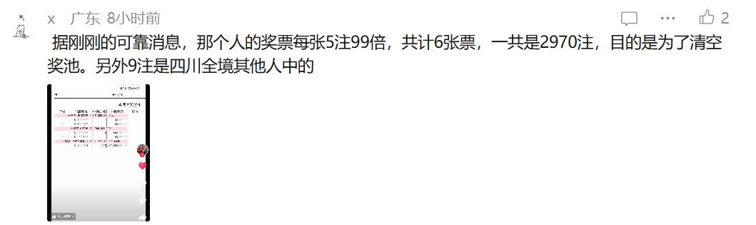 消息称四川成都的2970注排五头奖共分6张票打出，每张都是5注99倍顶格操作，即