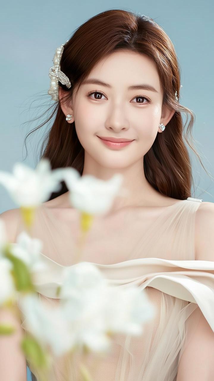 温柔甜美的少女，白色花朵点缀，梦幻般的氛围