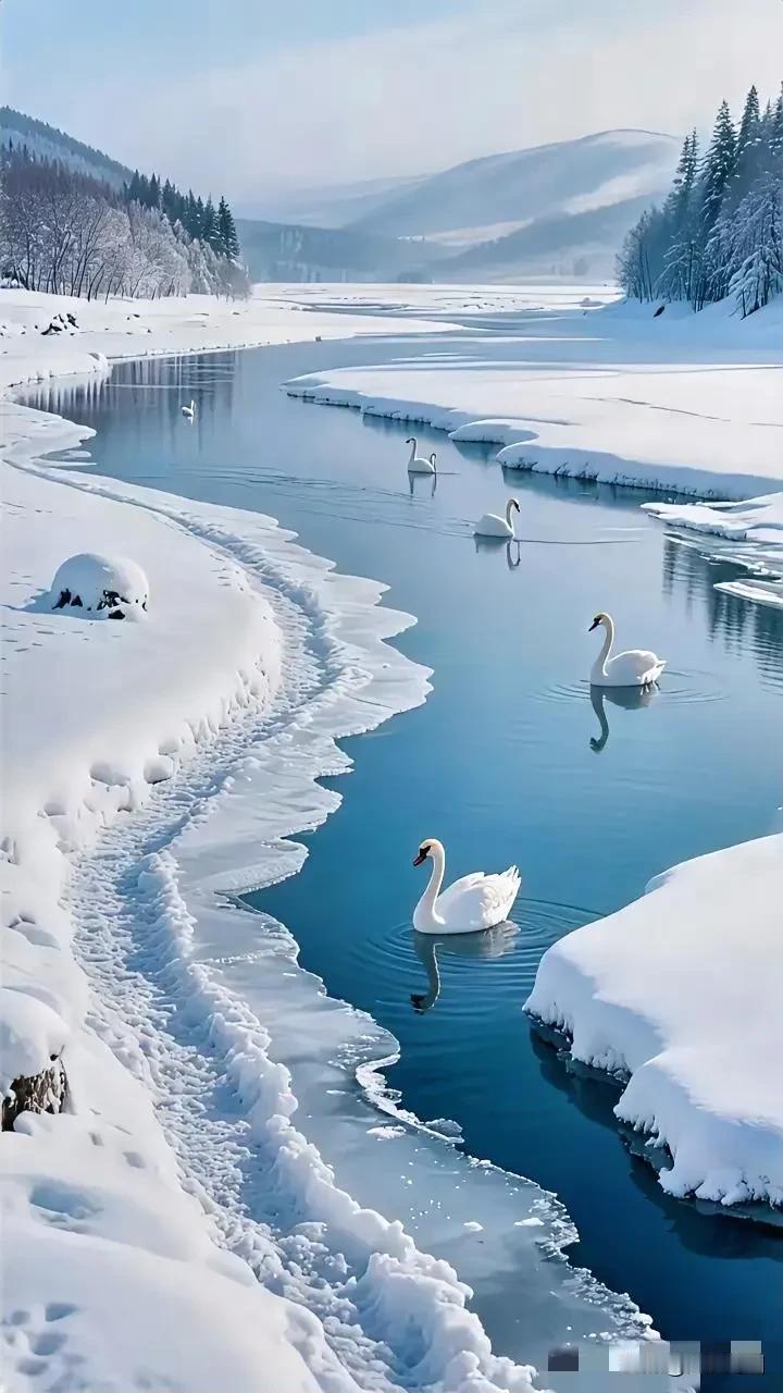 冬日的仙境里，天鹅湖畔静谧得宛如一幅画卷。天鹅湖天鹅天鹅湖随手拍天鹅湖生态环