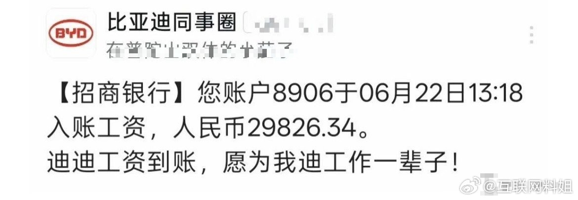 比亚迪员工分享了自己的到账工资，并表示愿为公司奋斗一辈子。爆了！爆了！！兄弟们