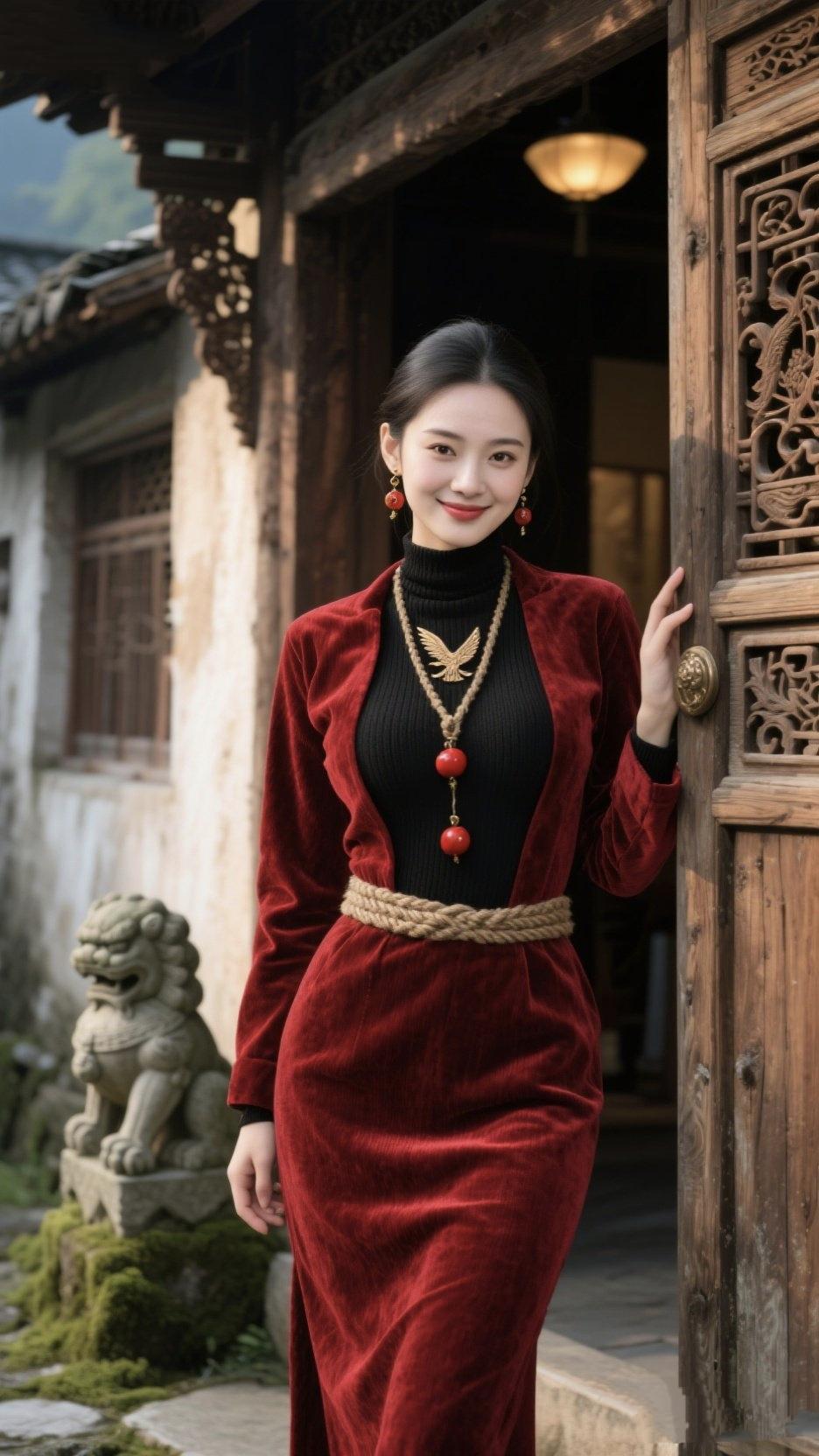 《红门》她倚在半开的红门边像一块被岁月捂热的琥珀红丝绒裹着午后的光麻